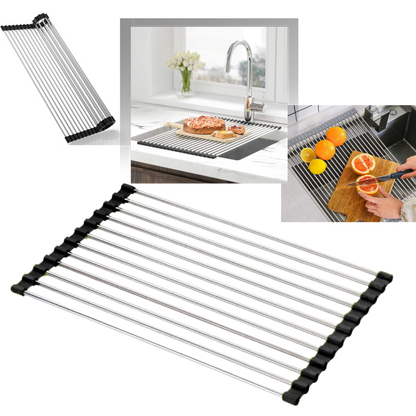Roll-up stainless steel drainer for dishes and food