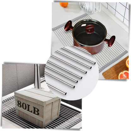 Roll-up stainless steel drainer for dishes and food